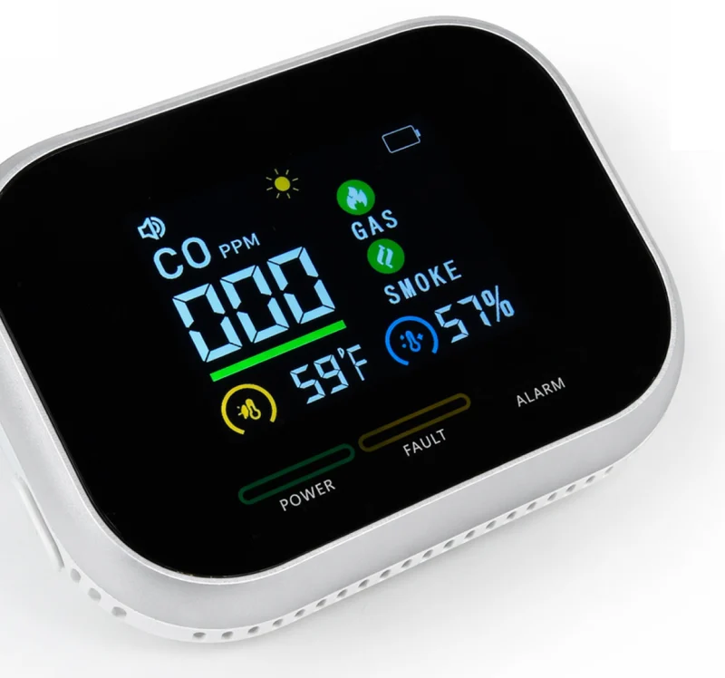 CarbonOne Safe plug-in carbon monoxide detector showing 000 ppm CO, gas and smoke indicators, temperature and humidity