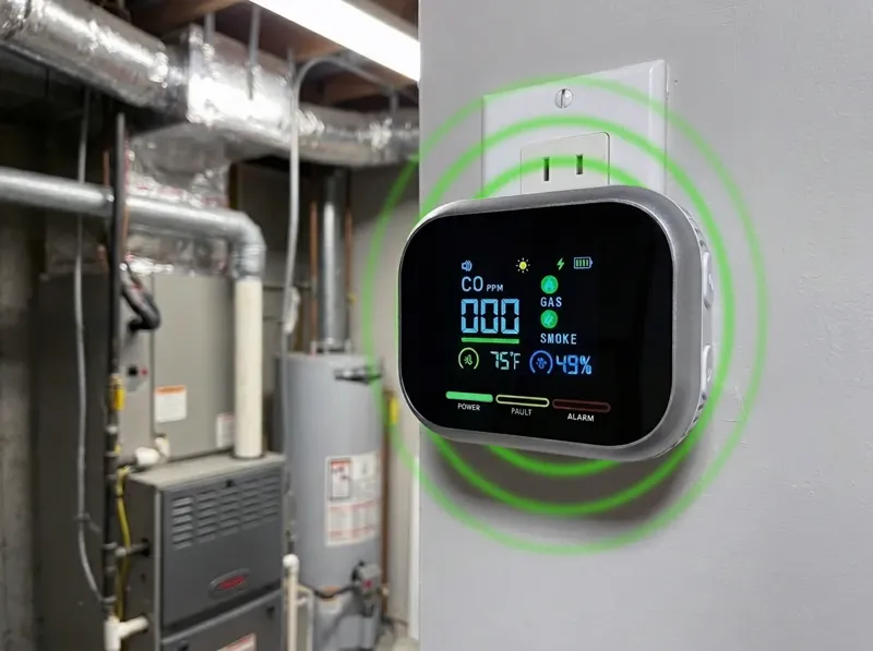 CarbonOne Safe plugged into a wall outlet in a basement utility room next to the furnace and water heater