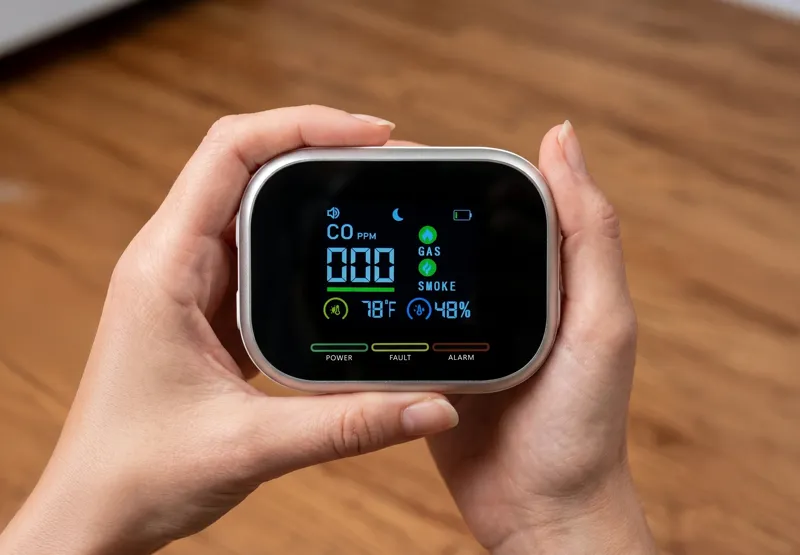 Hand holding a CarbonOne Safe detector with the screen reading 000 ppm CO, 78°F and 48% humidity
