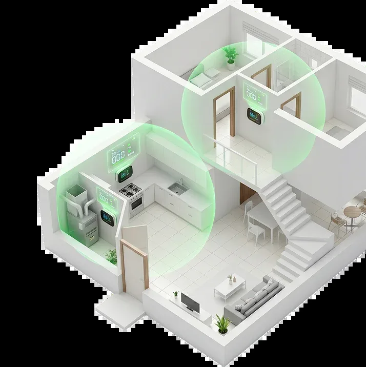 Cutaway illustration of a two-story home with CarbonOne Safe detectors in the kitchen, hallway and bedroom